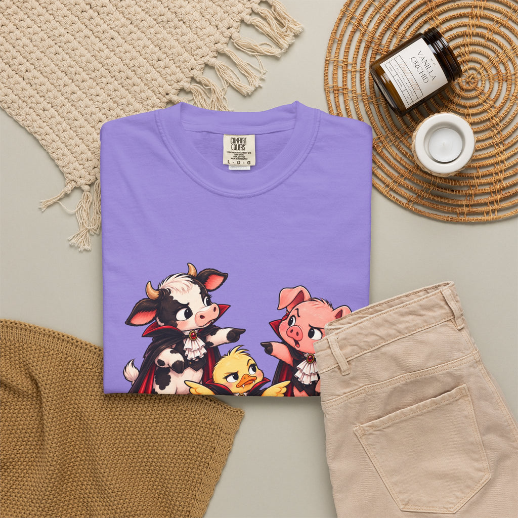 "This is why we have a wardrobe meeting first!" Cow, Pig & Chick Cartoon Graphic Tee