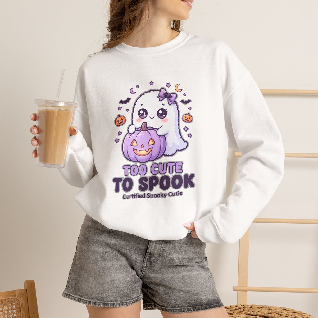 Crewneck Sweatshirt — "Too Cute to Spook" Ghost Pumpkin Halloween Pullover