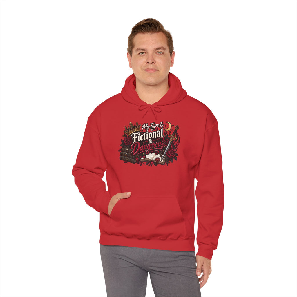 Hoodie — "My Type Is Fictional (Dangerous)" Booklover Graphic Pullover