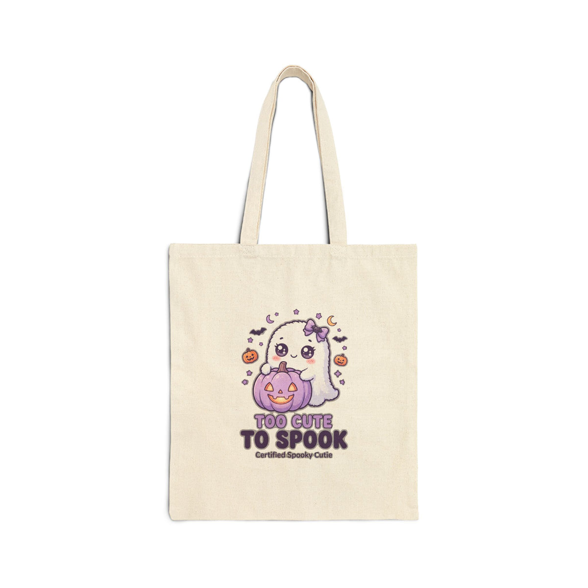 Cute Ghost Halloween Tote Bag - "Too Cute to Spook" Cotton Canvas Trick-or-Treat Shopping Bag