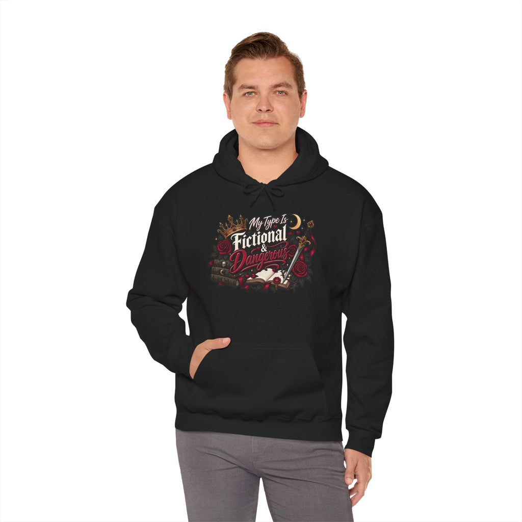 Hoodie — "My Type Is Fictional (Dangerous)" Booklover Graphic Pullover