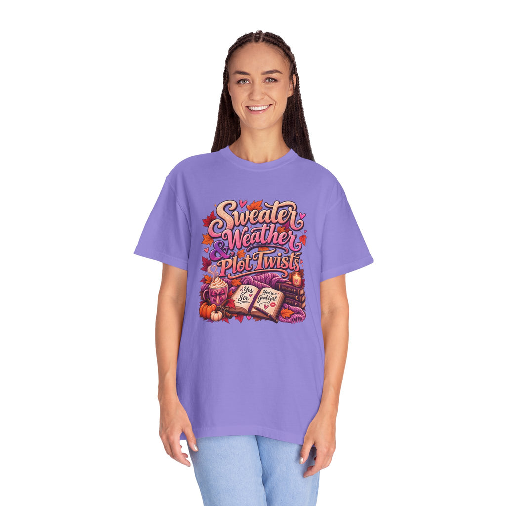 Sweater Weather Plot Twists Tee — Cozy Autumn Book Lover T-Shirt