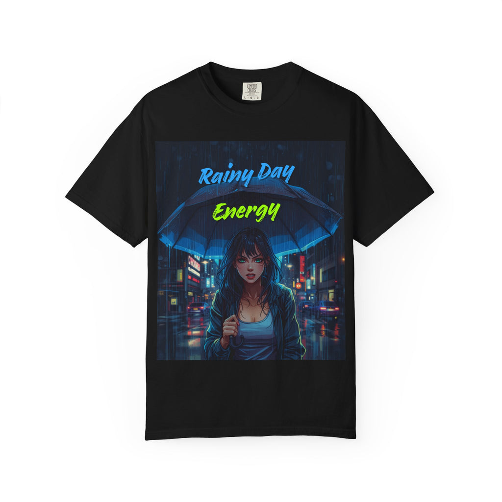 Rainy Day Energy T-Shirt — Neon Cyberpunk Umbrella Design