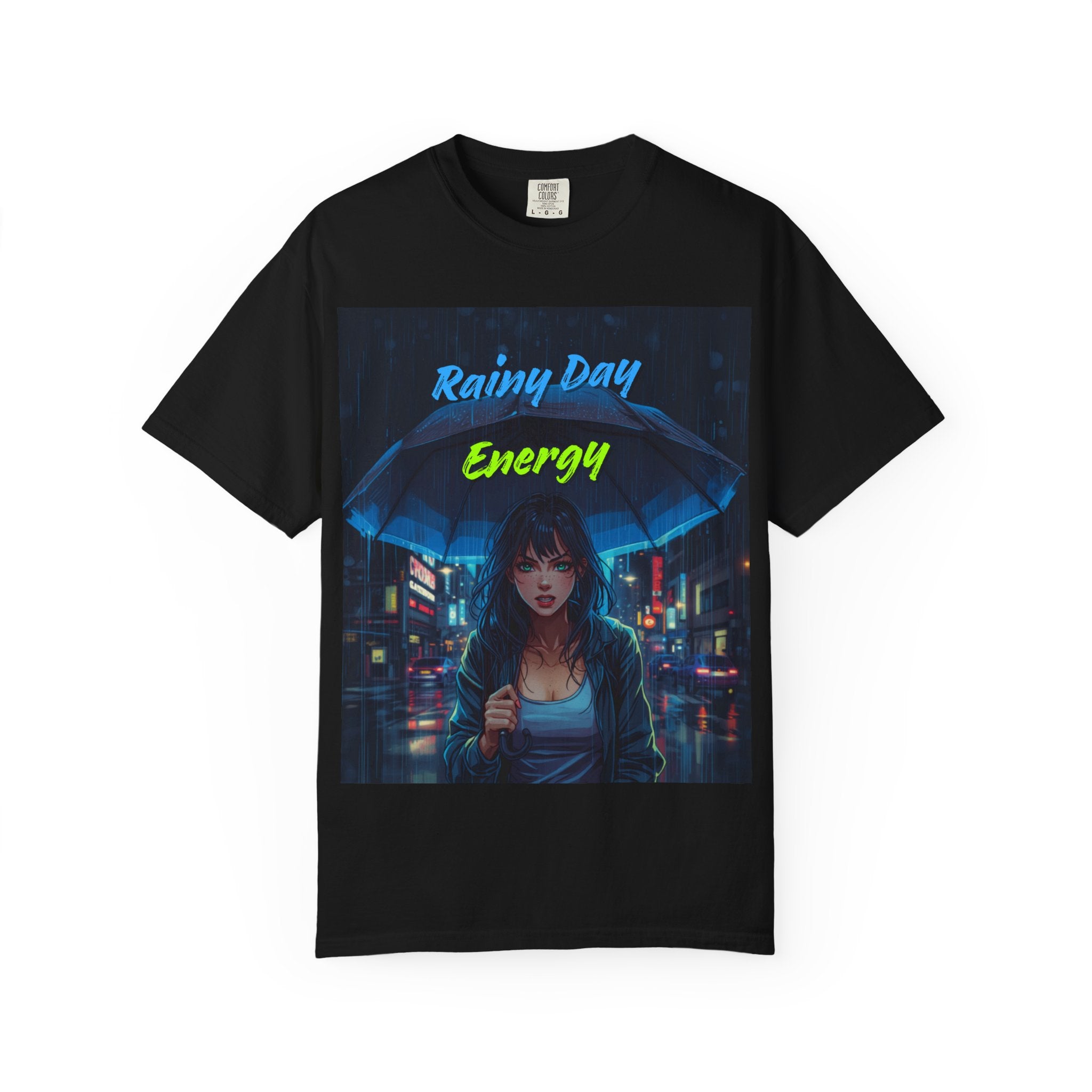 Rainy Day Energy T-Shirt — Neon Cyberpunk Umbrella Design