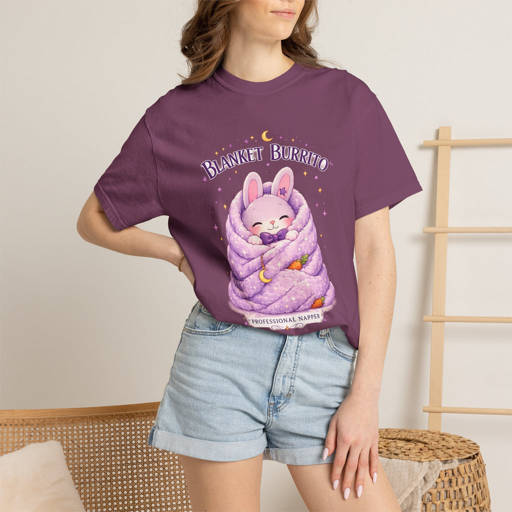 Blanket Burrito T‑Shirt — Cute Bunny Wrapped in Cozy Purple Blanket (Sleepy Comfort, Gift for Animal Lovers)