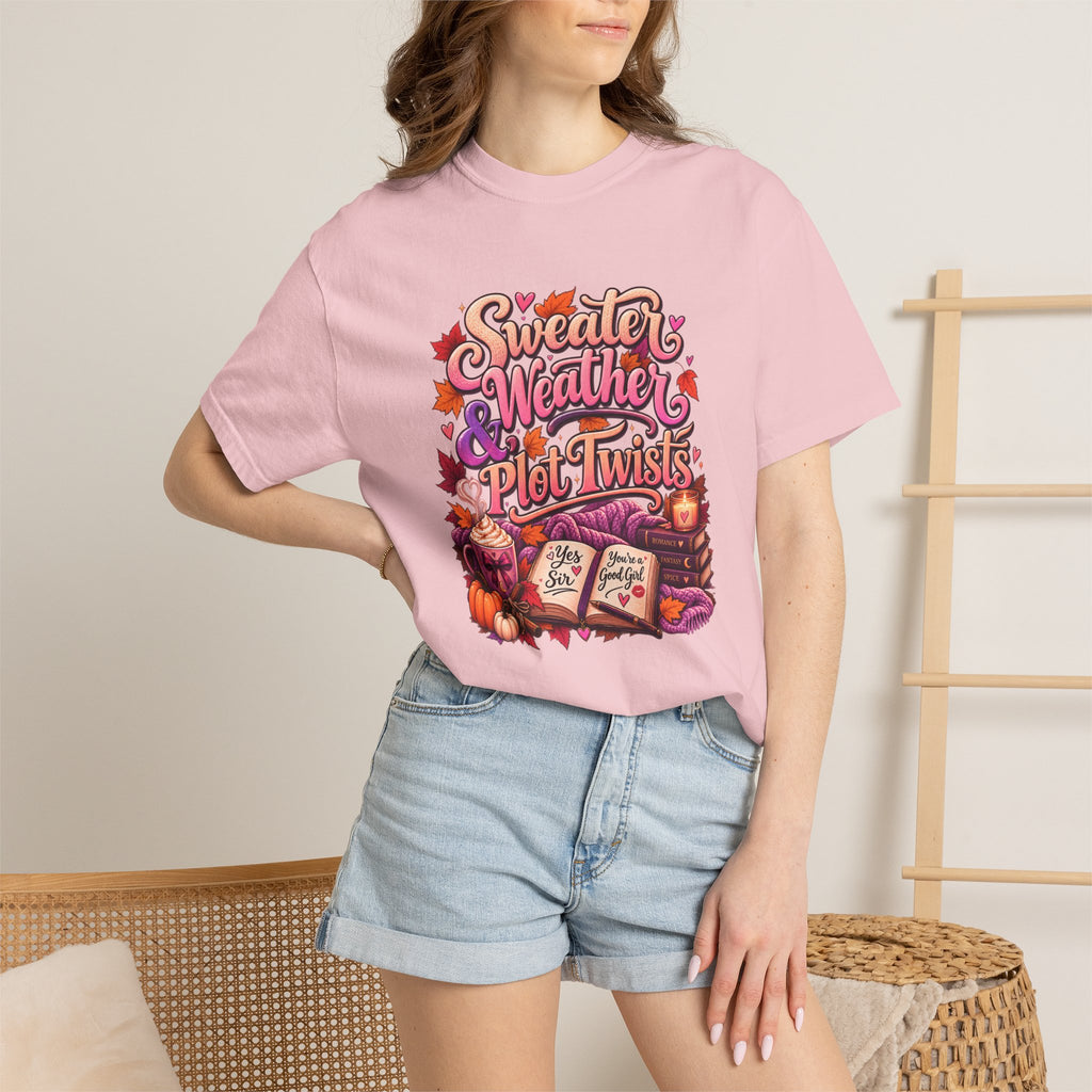 Sweater Weather Plot Twists Tee — Cozy Autumn Book Lover T-Shirt