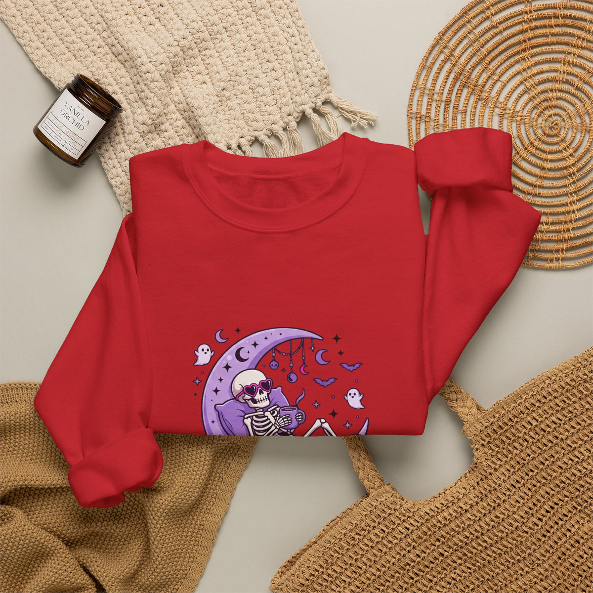 Skeleton on Moon Crewneck Sweatshirt — "Spooky & Unsocialized" Purple Gothic Graphic