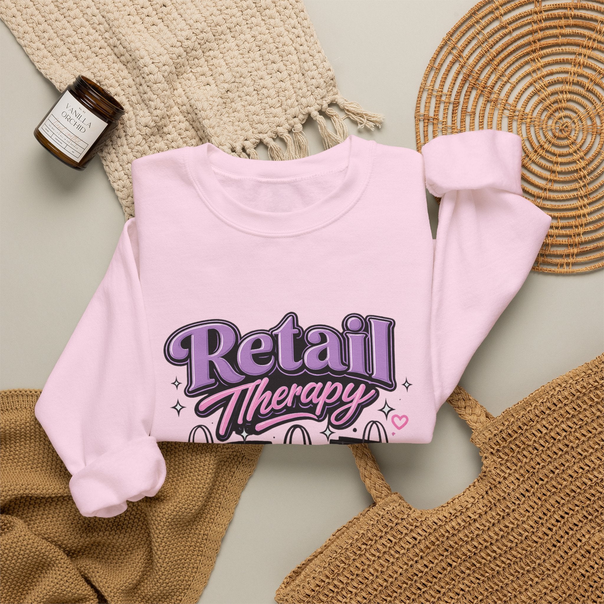 Retail Therapy Club Sweatshirt — Cute Pink & Purple Shopping Graphic Crewneck