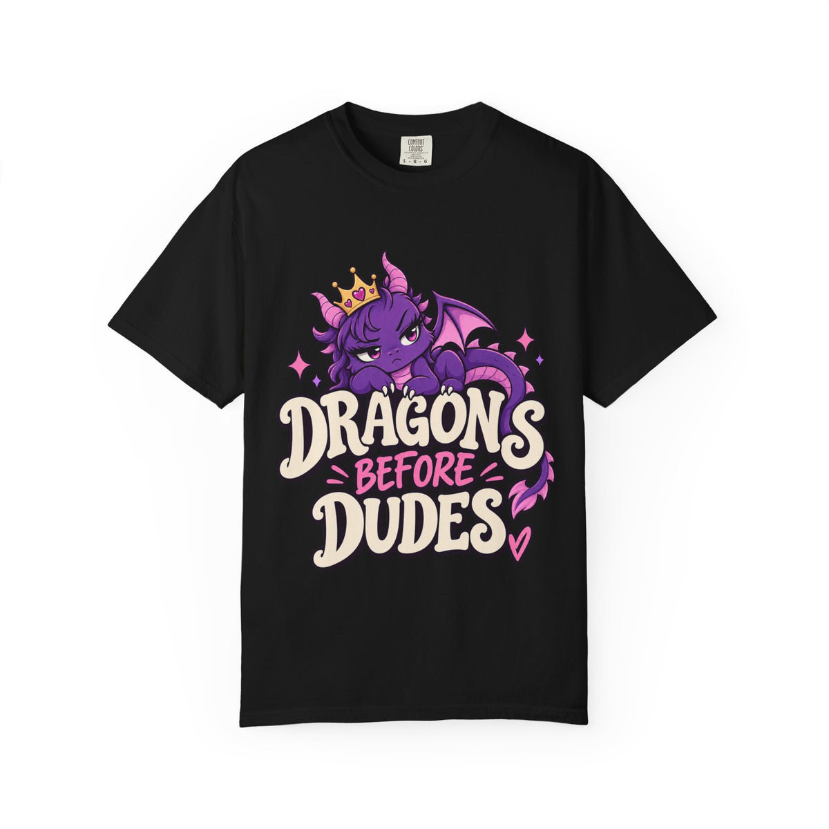 Dragons Before Dudes T-Shirt — Cute Purple Dragon Graphic Tee for Women & Fans