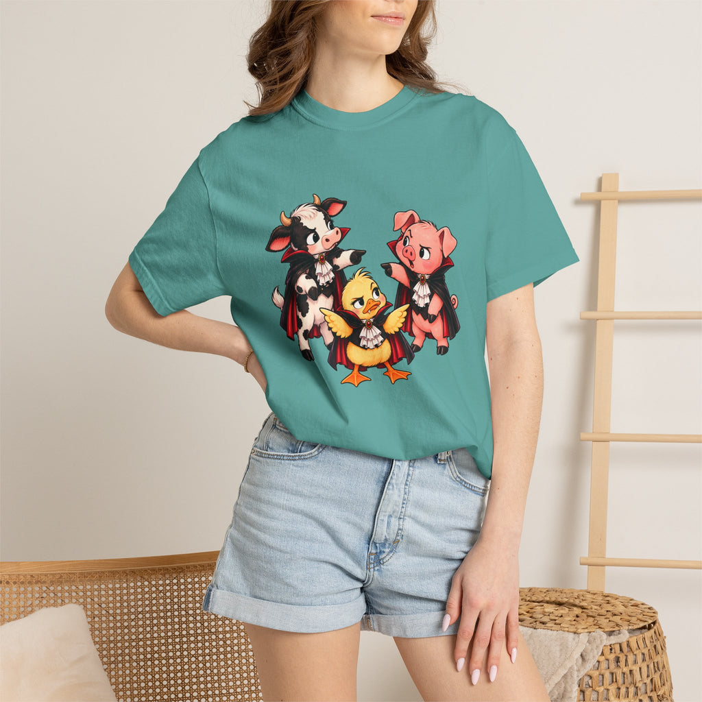 "This is why we have a wardrobe meeting first!" Cow, Pig & Chick Cartoon Graphic Tee