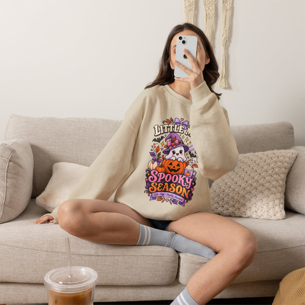 Little Miss Spooky Season Sweatshirt — Cute Halloween Ghost & Pumpkin Crewneck