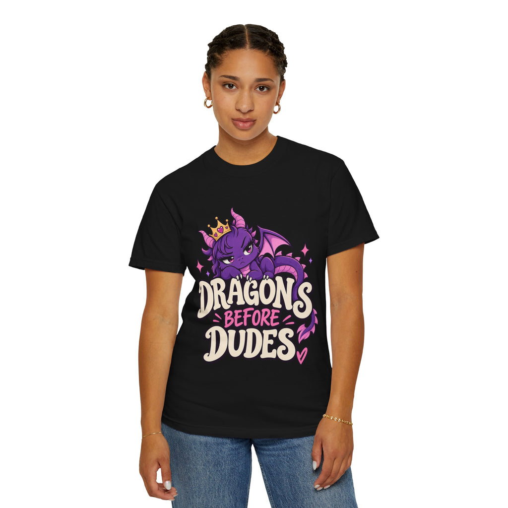 Dragons Before Dudes T-Shirt — Cute Purple Dragon Graphic Tee for Women & Fans