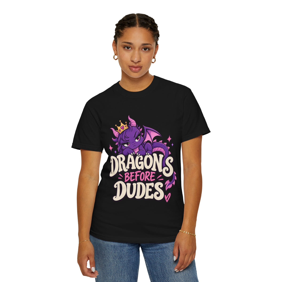 Dragons Before Dudes T-Shirt — Cute Purple Dragon Graphic Tee for Women & Fans