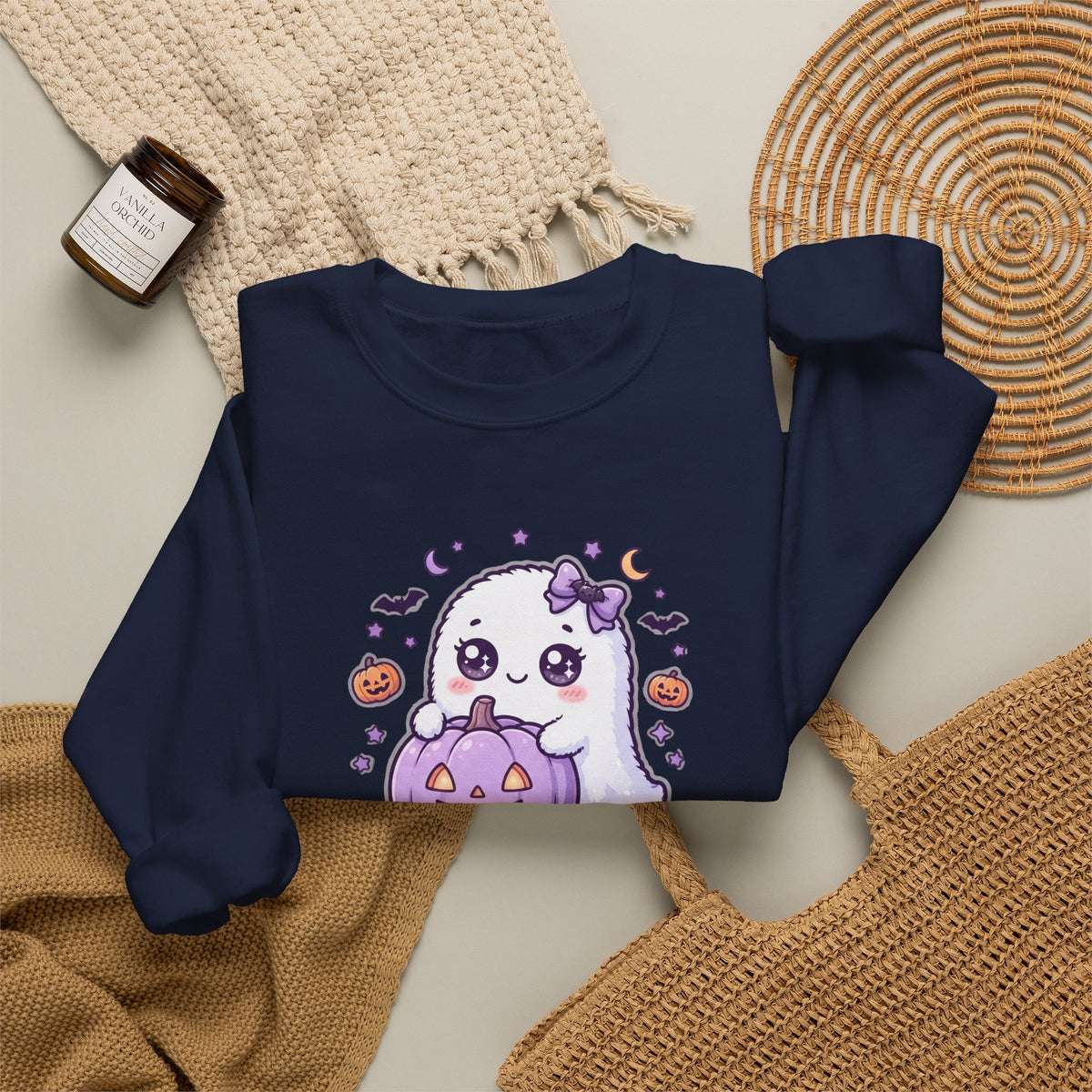 Crewneck Sweatshirt — "Too Cute to Spook" Ghost Pumpkin Halloween Pullover