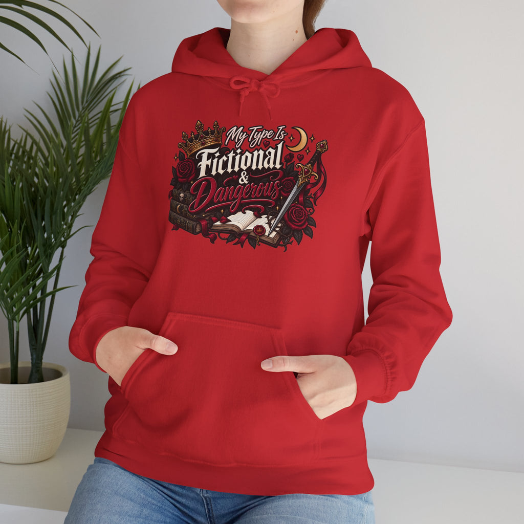 Hoodie — "My Type Is Fictional (Dangerous)" Booklover Graphic Pullover