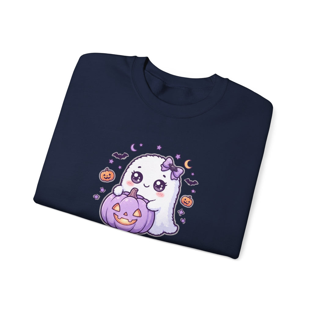 Crewneck Sweatshirt — "Too Cute to Spook" Ghost Pumpkin Halloween Pullover