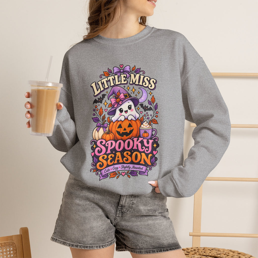 Little Miss Spooky Season Sweatshirt — Cute Halloween Ghost & Pumpkin Crewneck