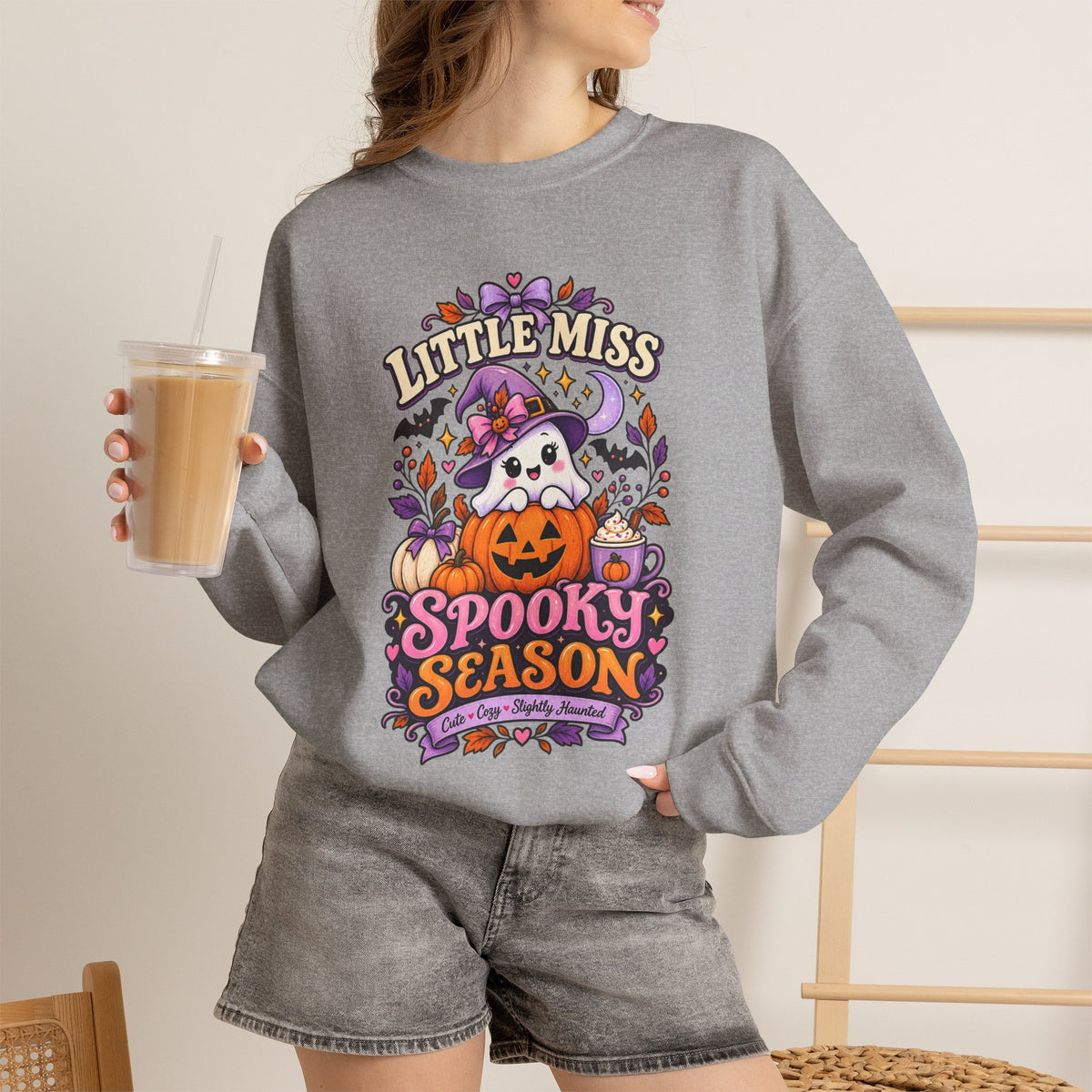 Little Miss Spooky Season Sweatshirt — Cute Halloween Ghost & Pumpkin Crewneck