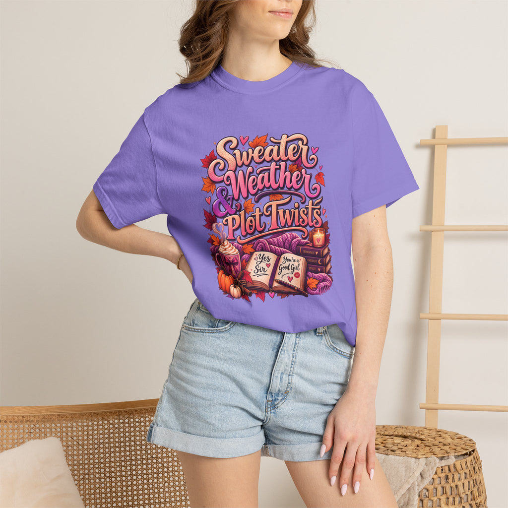 Sweater Weather Plot Twists Tee — Cozy Autumn Book Lover T-Shirt