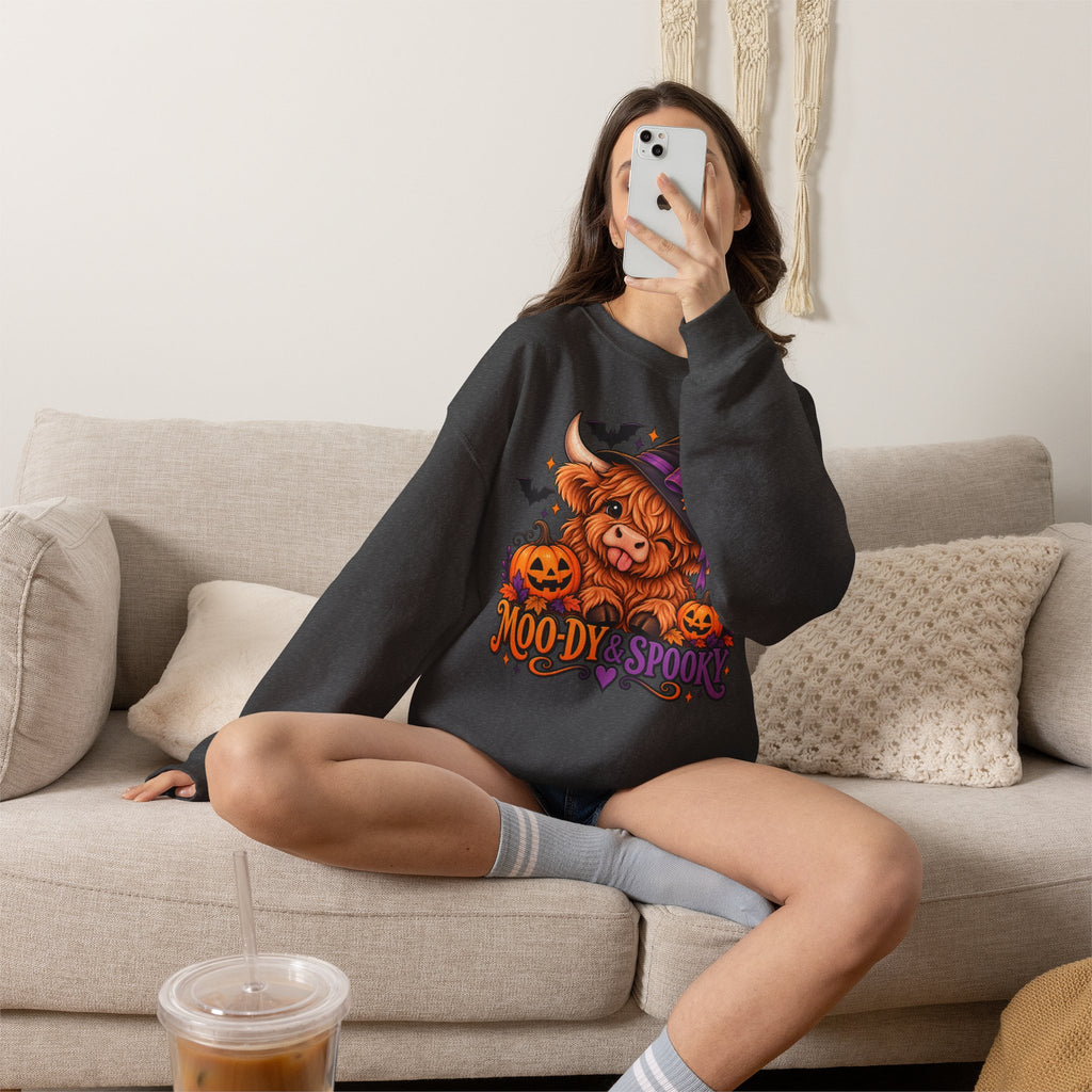 "Moo-dy & Spooky" Highland cow sweatshirt