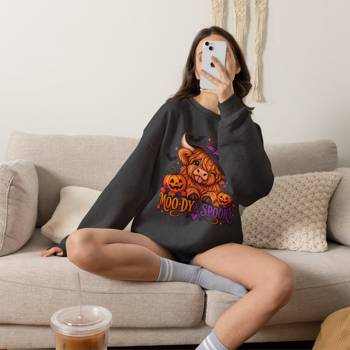 "Moo-dy & Spooky" Highland cow sweatshirt