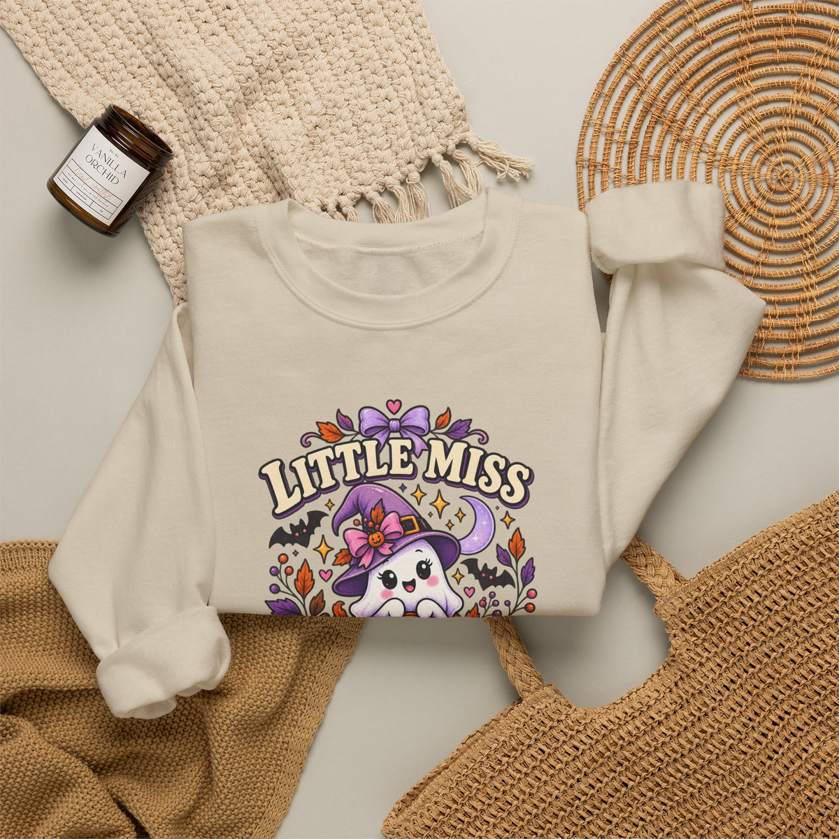 Little Miss Spooky Season Sweatshirt — Cute Halloween Ghost & Pumpkin Crewneck