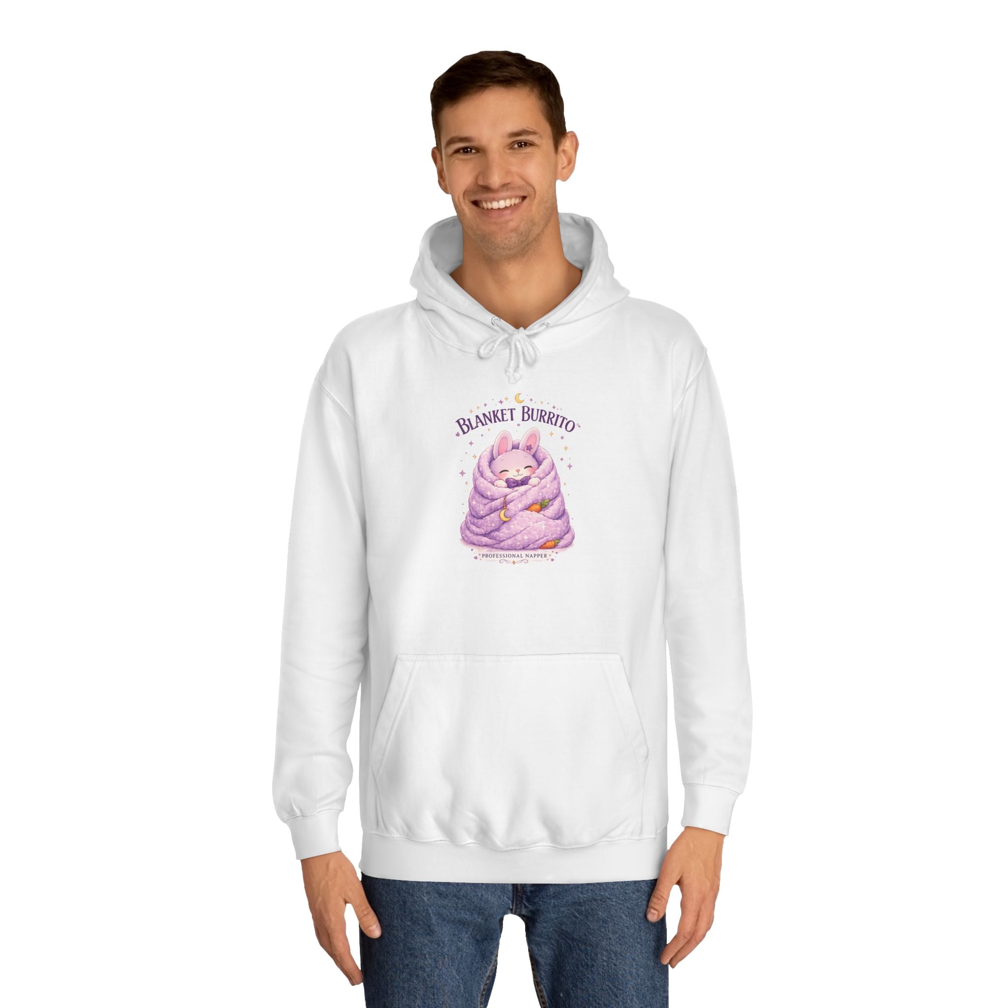 Blanket Burrito Hoodie — Cute Purple Bunny Wrapped in Blanket Graphic