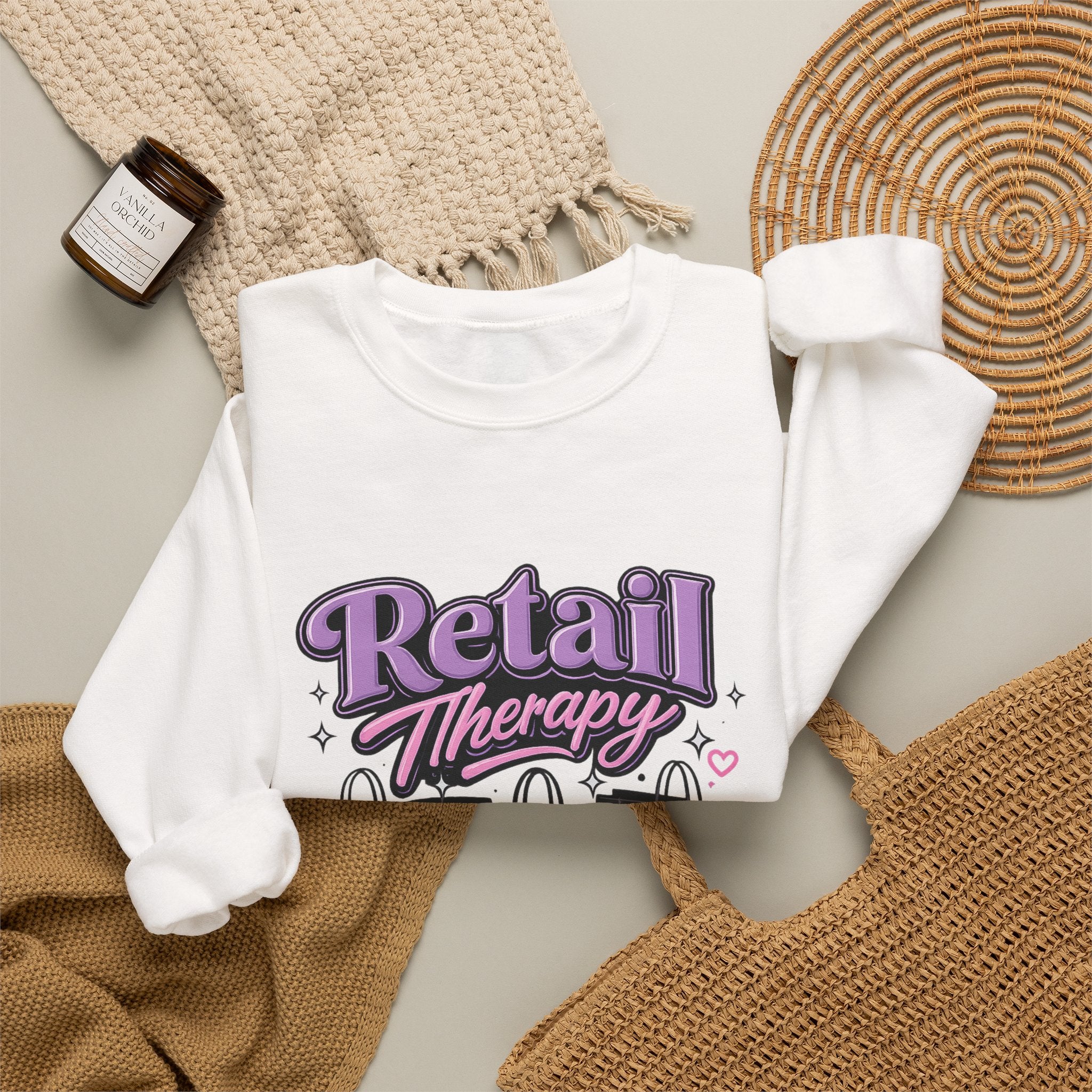 Retail Therapy Club Sweatshirt — Cute Pink & Purple Shopping Graphic Crewneck