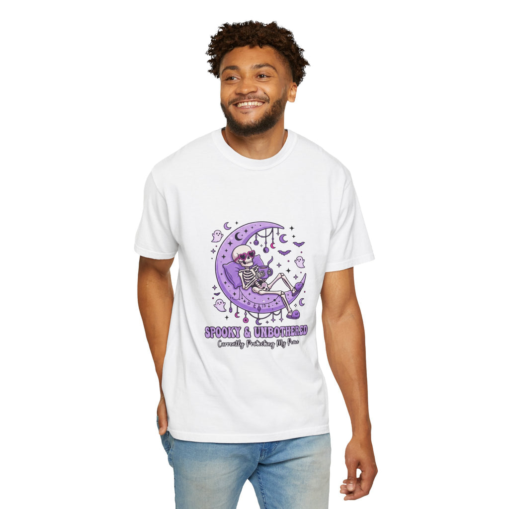 Spooky & Unbothered Skeleton Moon T-Shirt — Relaxed Gothic Graphic Tee