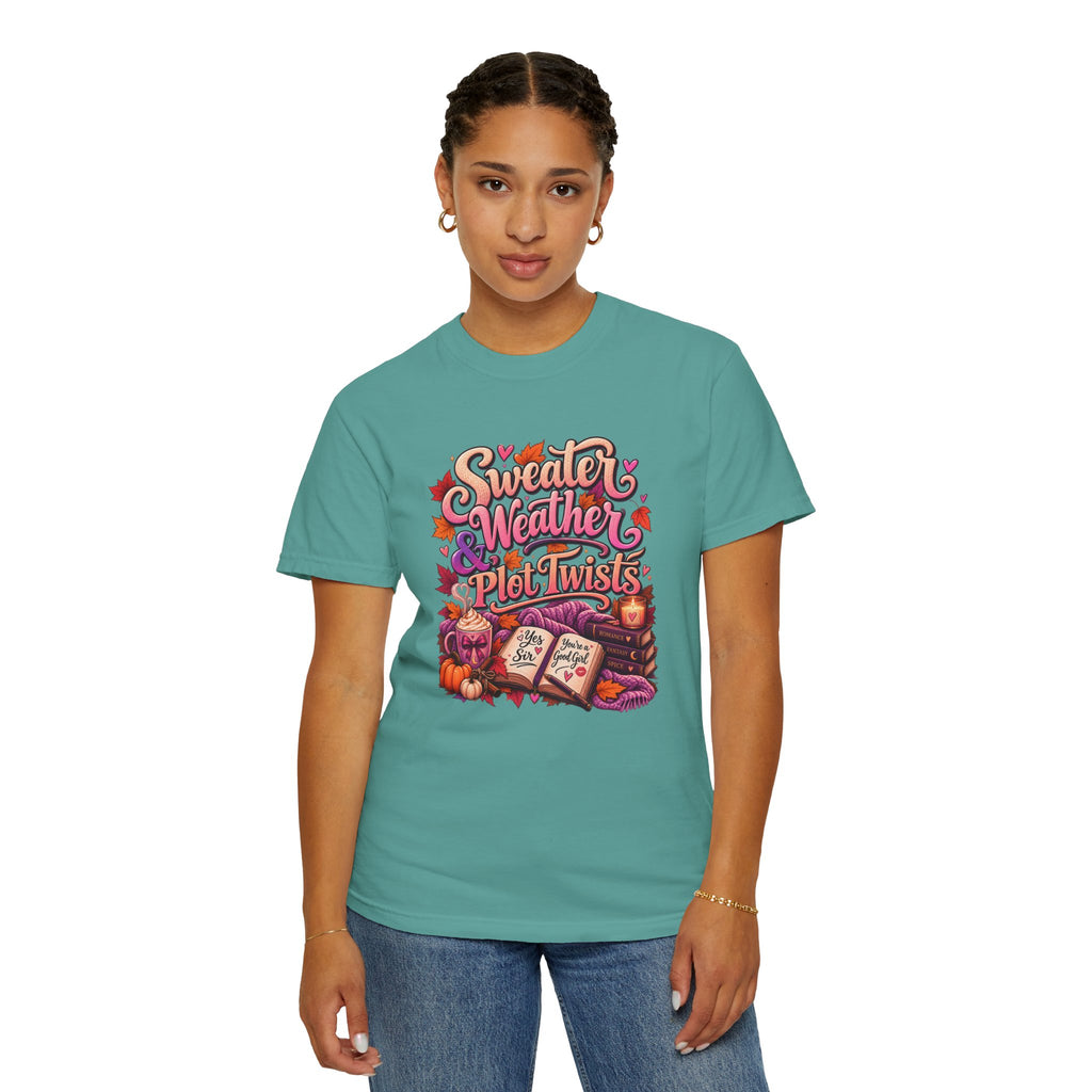 Sweater Weather Plot Twists Tee — Cozy Autumn Book Lover T-Shirt