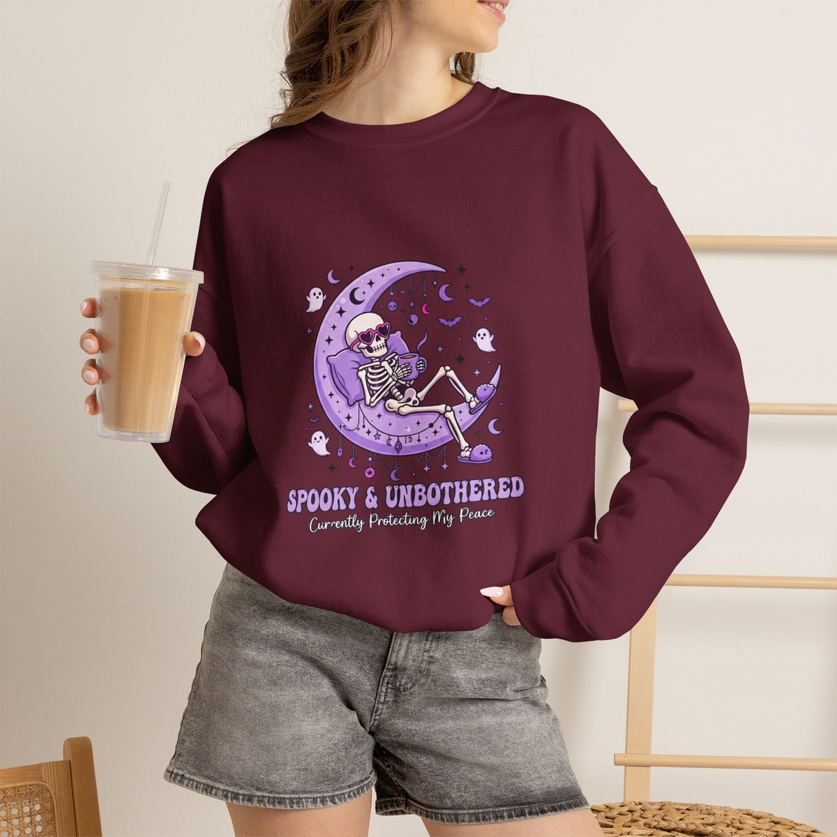 Skeleton on Moon Crewneck Sweatshirt — "Spooky & Unsocialized" Purple Gothic Graphic