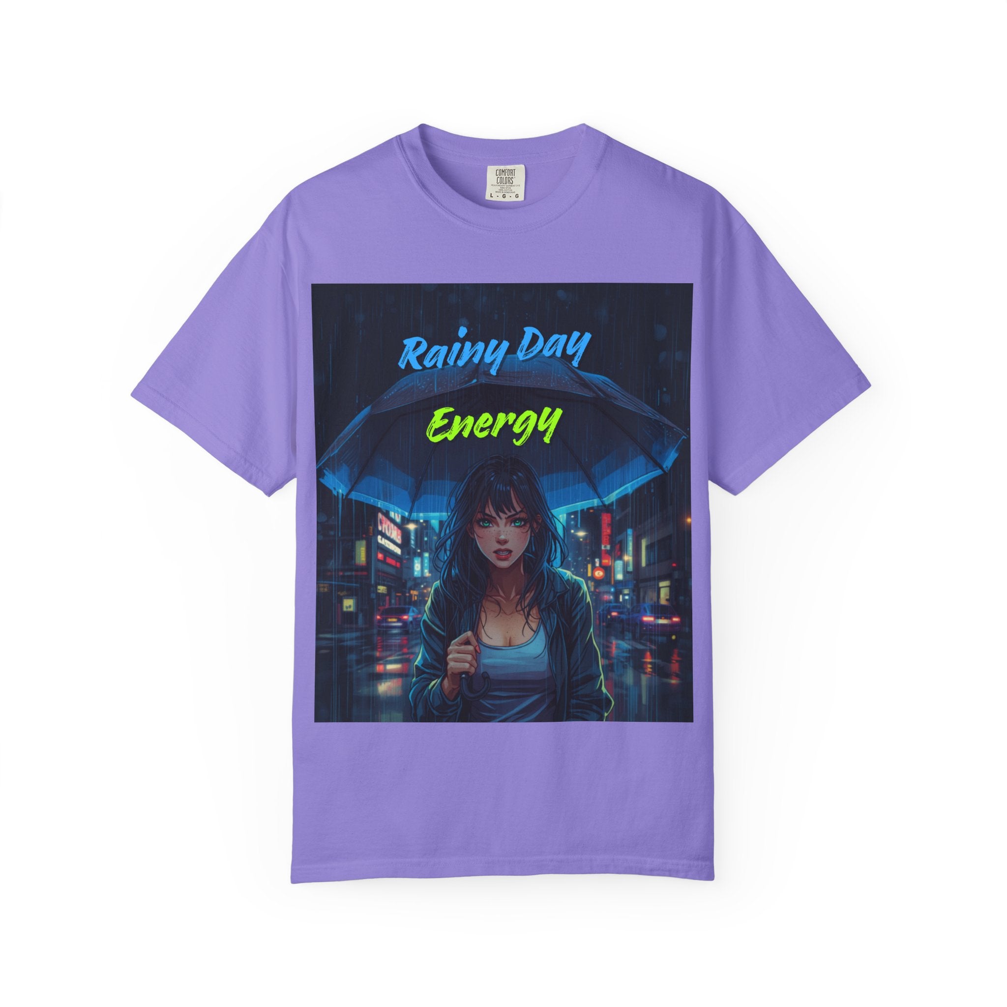 Rainy Day Energy T-Shirt — Neon Cyberpunk Umbrella Design