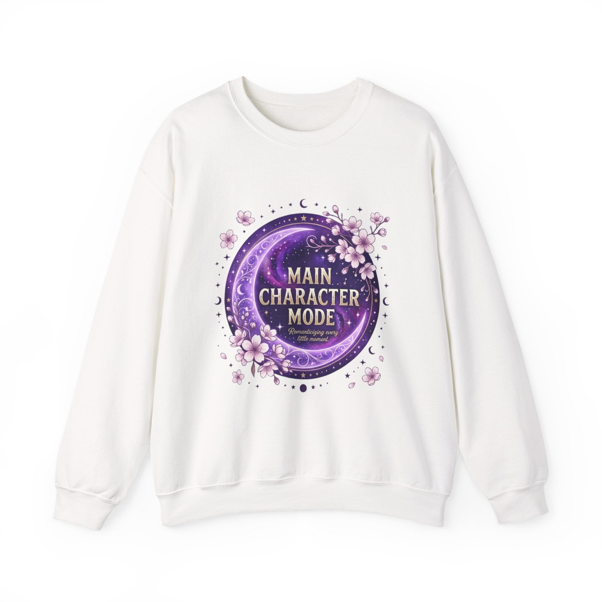Main Character Mode Sweatshirt — Purple Floral Moon Crewneck