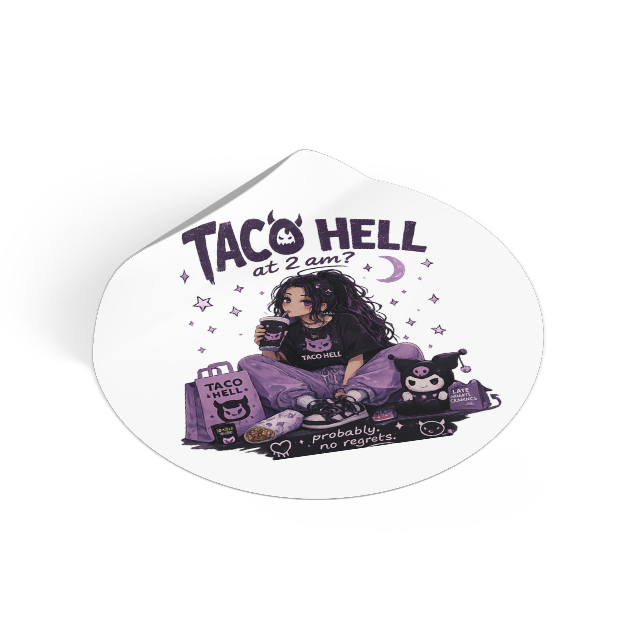 Round 'Taco Hell at 2am?' Vinyl Sticker — Cute Goth Late Night Taco Vibes