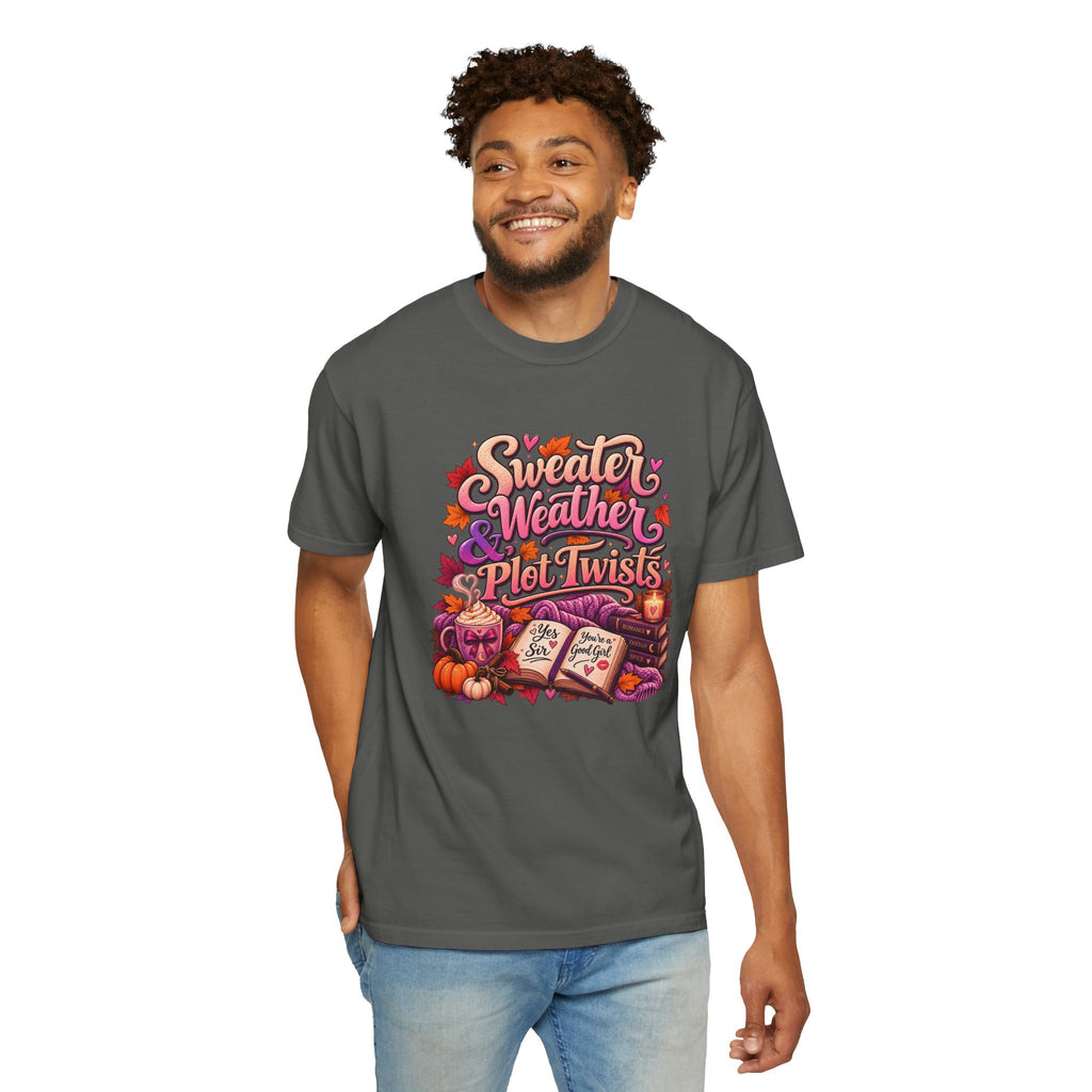 Sweater Weather Plot Twists Tee — Cozy Autumn Book Lover T-Shirt