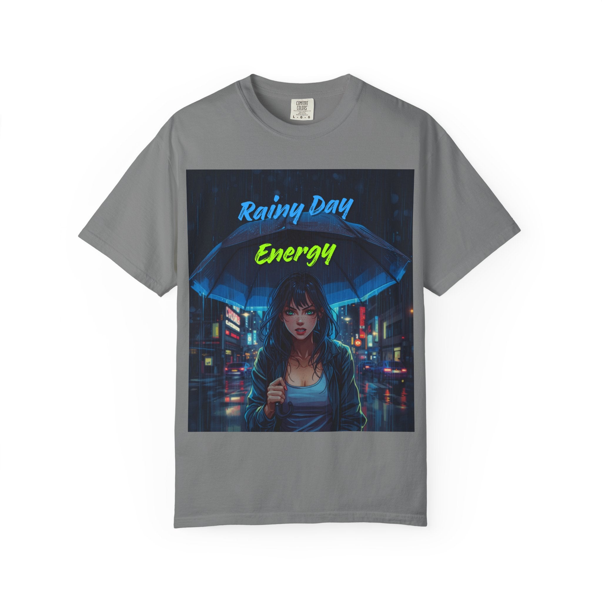 Rainy Day Energy T-Shirt — Neon Cyberpunk Umbrella Design