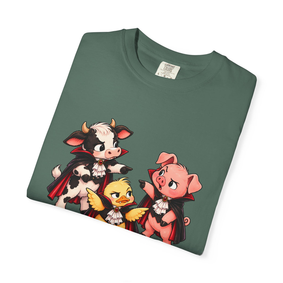 "This is why we have a wardrobe meeting first!" Cow, Pig & Chick Cartoon Graphic Tee