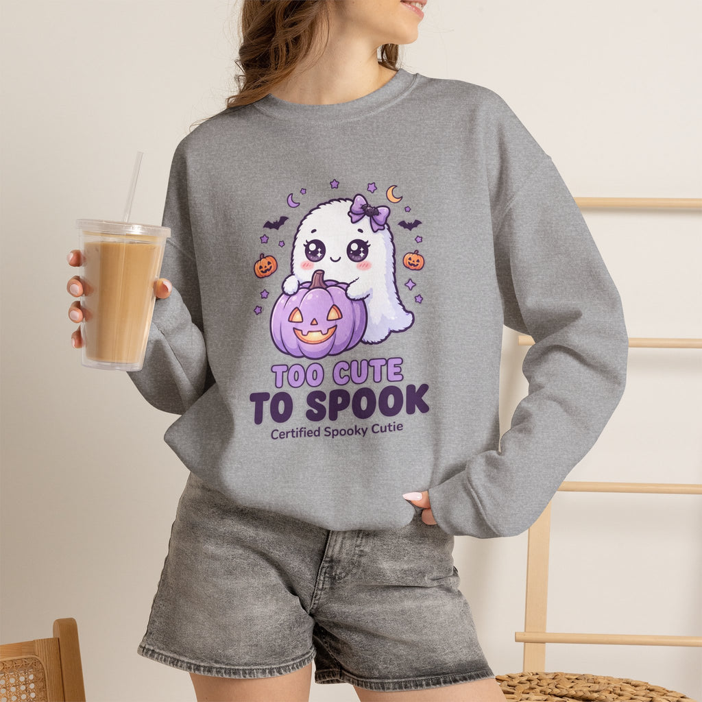 Crewneck Sweatshirt — "Too Cute to Spook" Ghost Pumpkin Halloween Pullover
