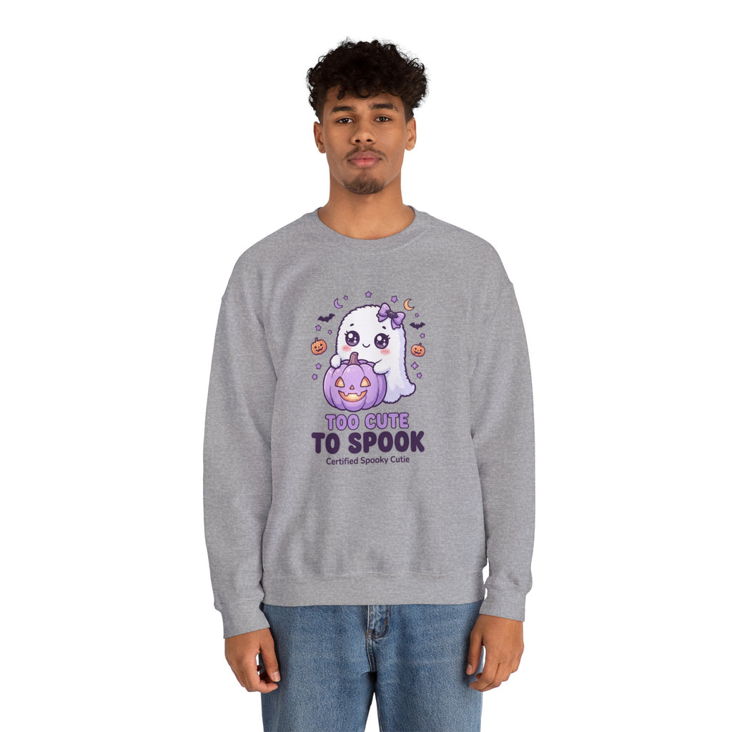 Crewneck Sweatshirt — "Too Cute to Spook" Ghost Pumpkin Halloween Pullover