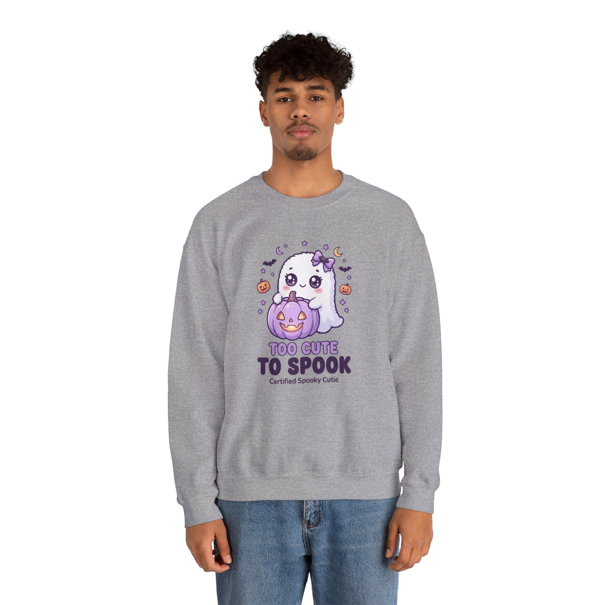 Crewneck Sweatshirt — "Too Cute to Spook" Ghost Pumpkin Halloween Pullover