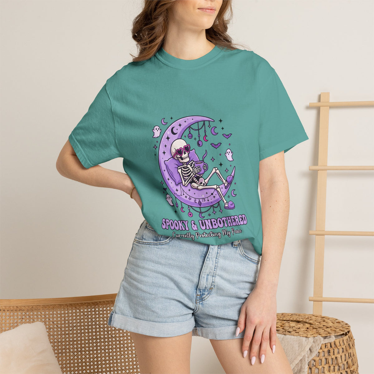Spooky & Unbothered Skeleton Moon T-Shirt — Relaxed Gothic Graphic Tee