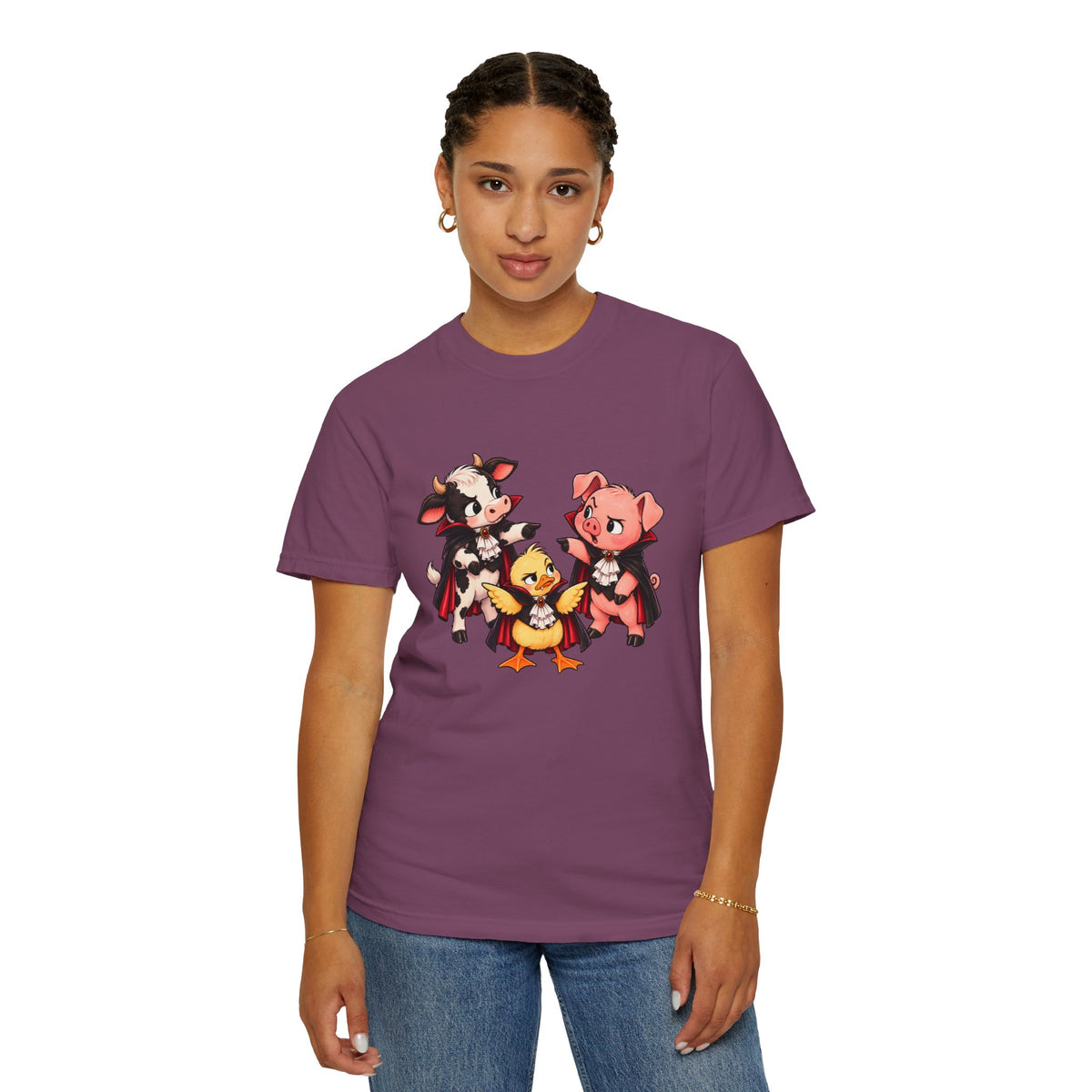 "This is why we have a wardrobe meeting first!" Cow, Pig & Chick Cartoon Graphic Tee
