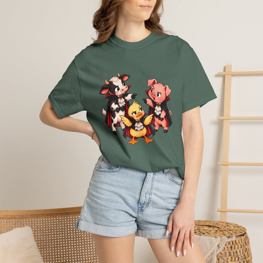 "This is why we have a wardrobe meeting first!" Cow, Pig & Chick Cartoon Graphic Tee