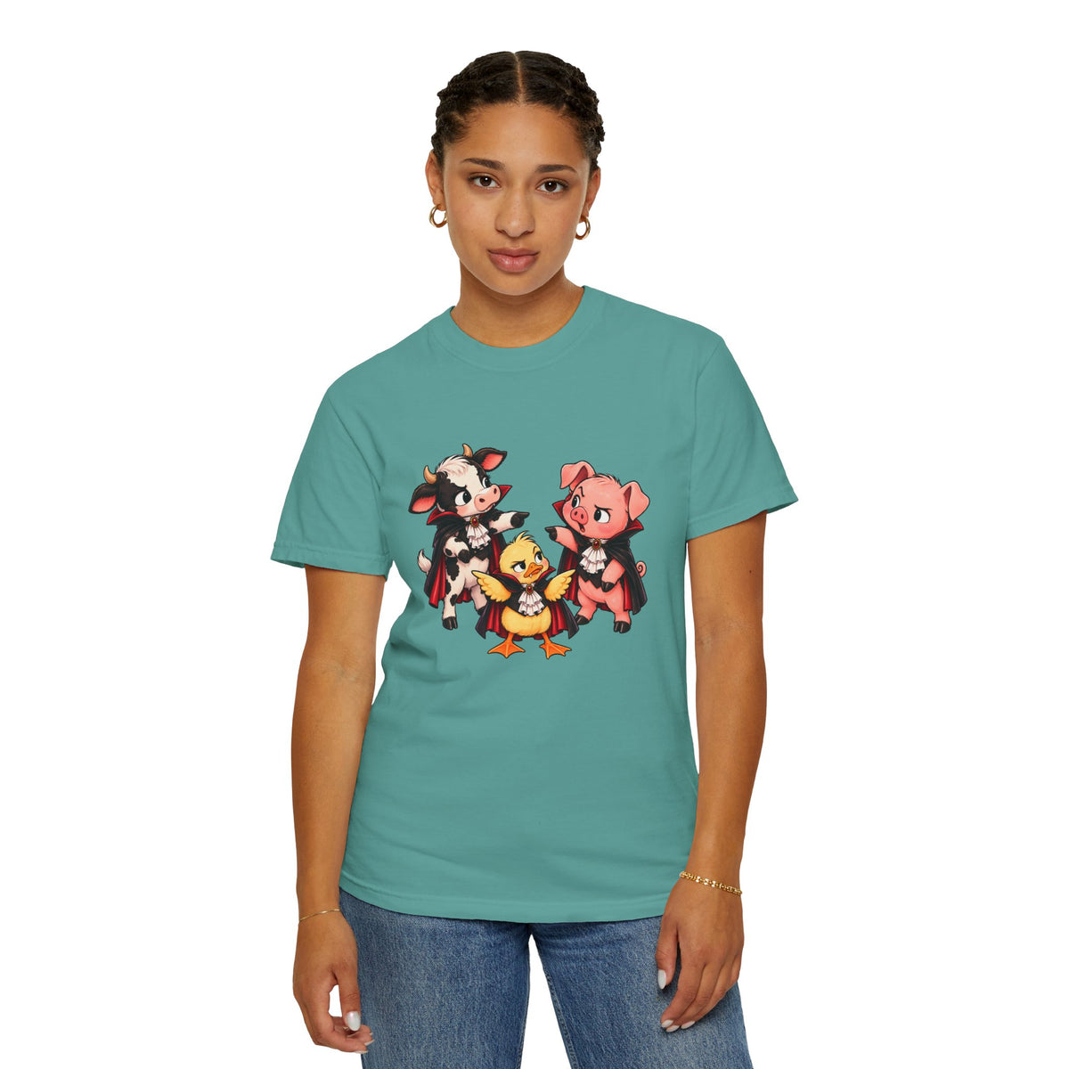 "This is why we have a wardrobe meeting first!" Cow, Pig & Chick Cartoon Graphic Tee