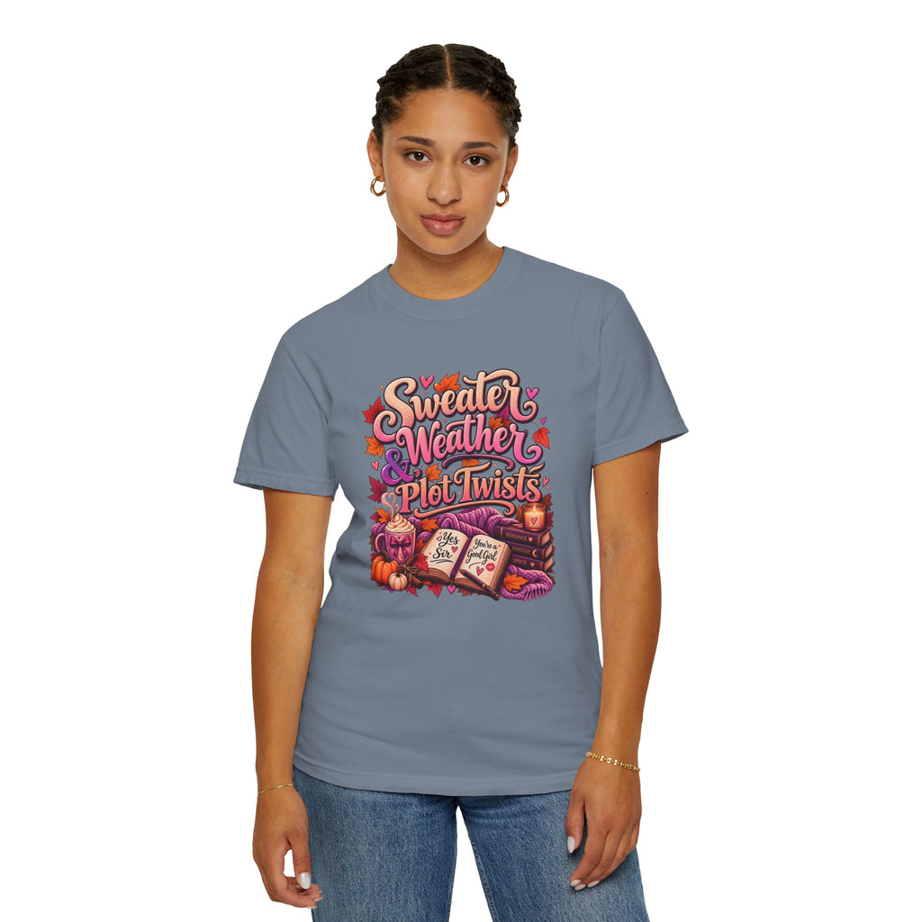 Sweater Weather Plot Twists Tee — Cozy Autumn Book Lover T-Shirt