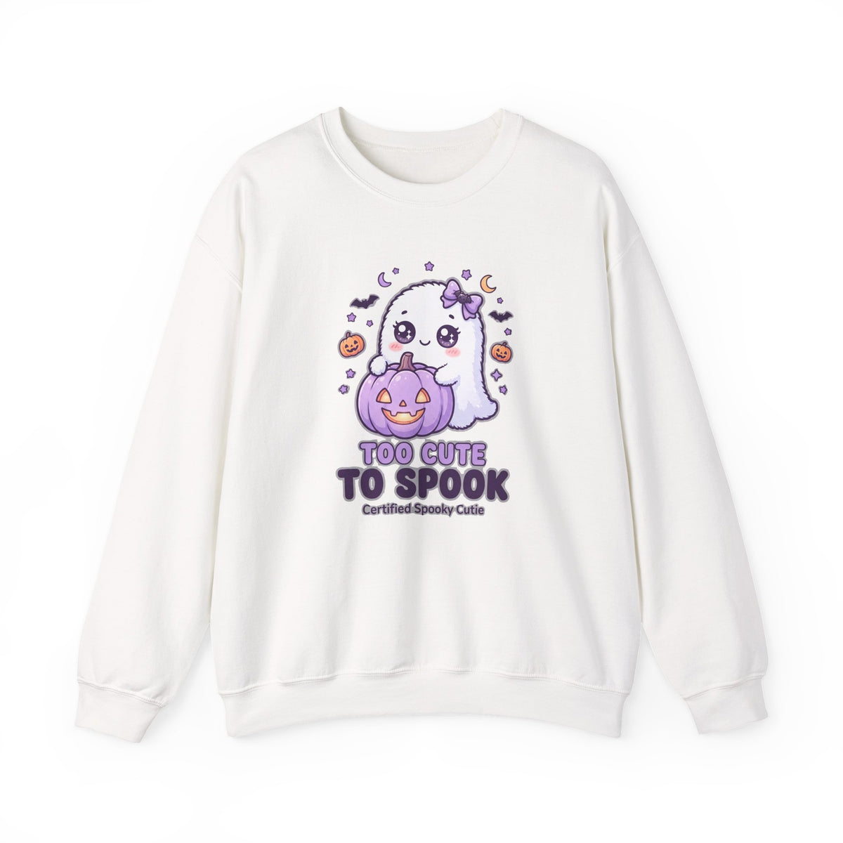 Crewneck Sweatshirt — "Too Cute to Spook" Ghost Pumpkin Halloween Pullover