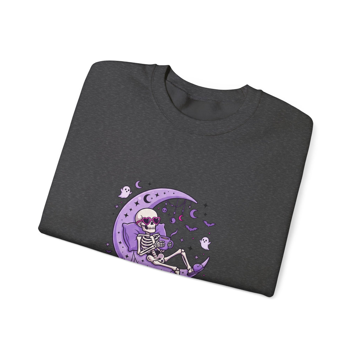 Skeleton on Moon Crewneck Sweatshirt — "Spooky & Unsocialized" Purple Gothic Graphic