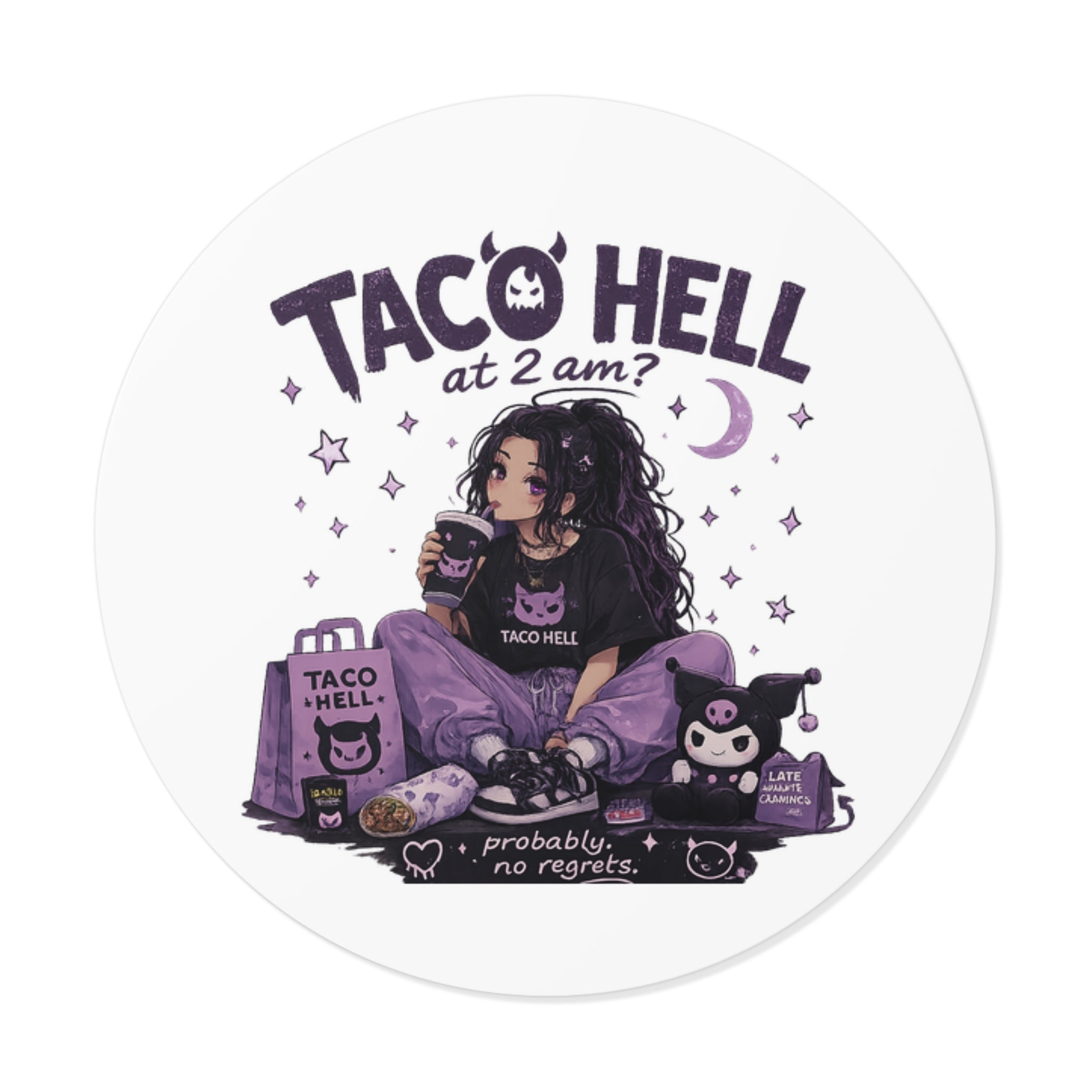 Round 'Taco Hell at 2am?' Vinyl Sticker — Cute Goth Late Night Taco Vibes