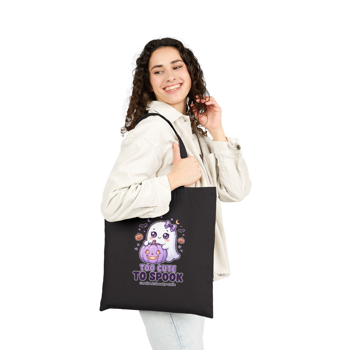 Cute Ghost Halloween Tote Bag - "Too Cute to Spook" Cotton Canvas Trick-or-Treat Shopping Bag