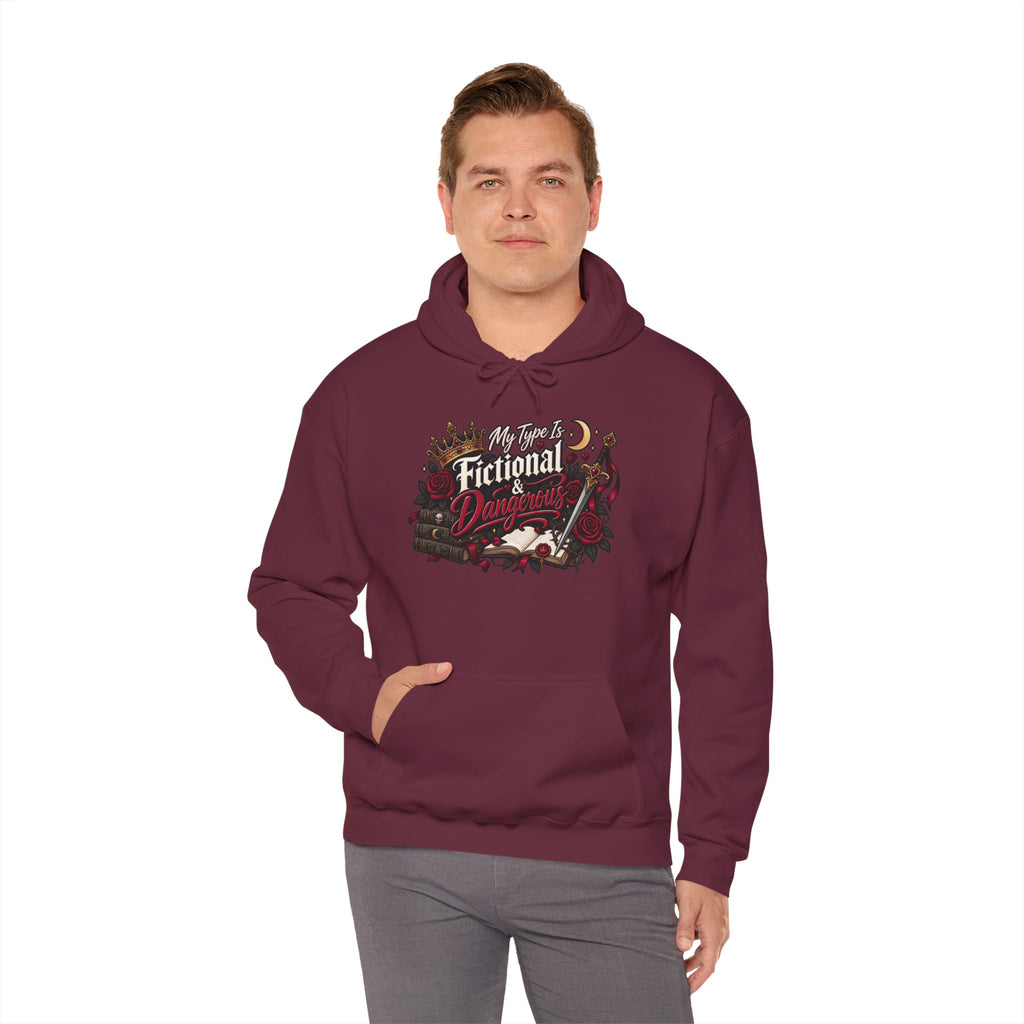 Hoodie — "My Type Is Fictional (Dangerous)" Booklover Graphic Pullover